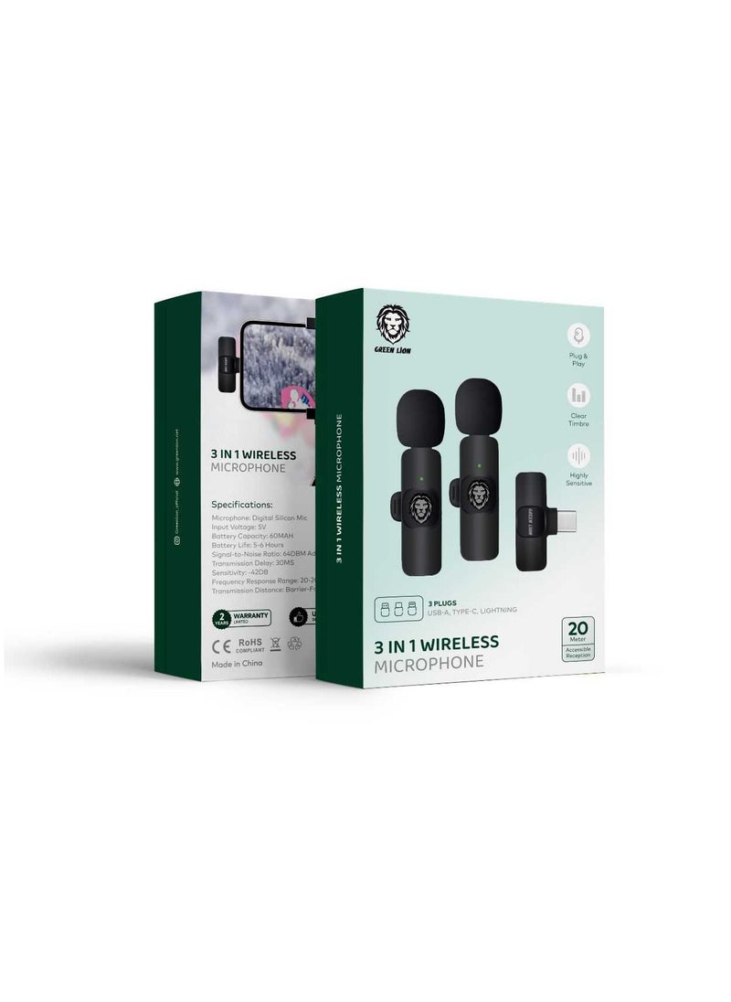 GREEN LION - 3 In 1 Wireless Microphone / 60mAh Battery Capacity / USB-A / Type-C / Lightning Plugs / 20m Accessible Reception / -42DB Sensitivity / Highly Sensitive / Digital Silicon Microphone / 64DBM Adaptive Noise Reduction / Clear Timbre / Plug & Play - Black - Image 1