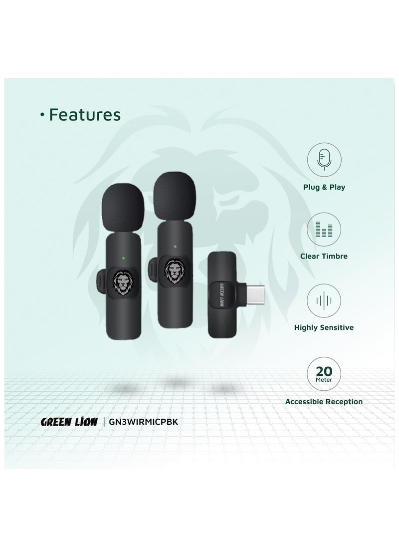 GREEN LION - 3 In 1 Wireless Microphone / 60mAh Battery Capacity / USB-A / Type-C / Lightning Plugs / 20m Accessible Reception / -42DB Sensitivity / Highly Sensitive / Digital Silicon Microphone / 64DBM Adaptive Noise Reduction / Clear Timbre / Plug & Play - Black - Image 1