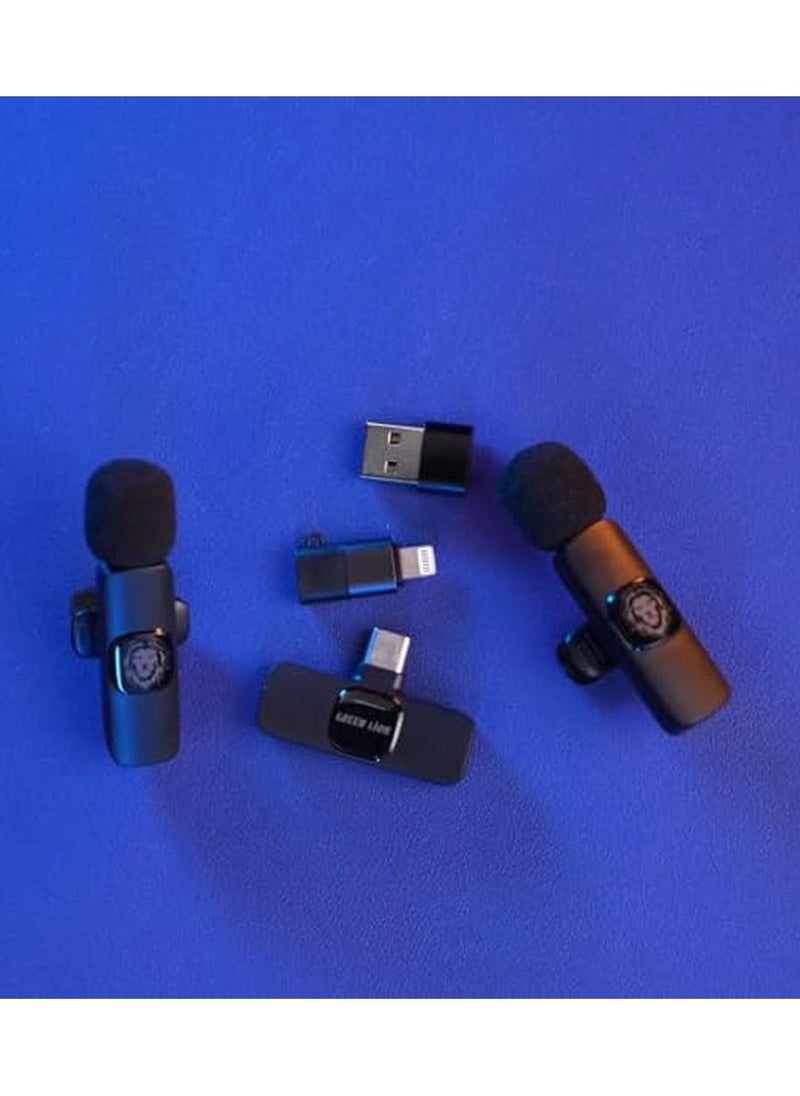 GREEN LION - 3 In 1 Wireless Microphone / 60mAh Battery Capacity / USB-A / Type-C / Lightning Plugs / 20m Accessible Reception / -42DB Sensitivity / Highly Sensitive / Digital Silicon Microphone / 64DBM Adaptive Noise Reduction / Clear Timbre / Plug & Play - Black - Image 1