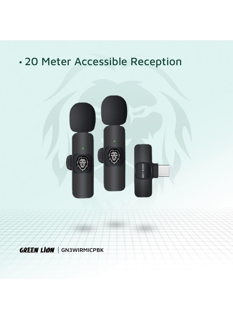 GREEN LION - 3 In 1 Wireless Microphone / 60mAh Battery Capacity / USB-A / Type-C / Lightning Plugs / 20m Accessible Reception / -42DB Sensitivity / Highly Sensitive / Digital Silicon Microphone / 64DBM Adaptive Noise Reduction / Clear Timbre / Plug & Play - Black - Image 1