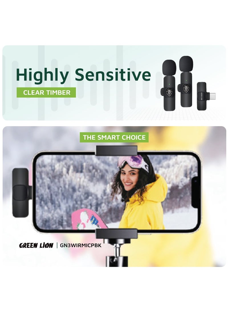 GREEN LION - 3 In 1 Wireless Microphone / 60mAh Battery Capacity / USB-A / Type-C / Lightning Plugs / 20m Accessible Reception / -42DB Sensitivity / Highly Sensitive / Digital Silicon Microphone / 64DBM Adaptive Noise Reduction / Clear Timbre / Plug & Play - Black - Image 1