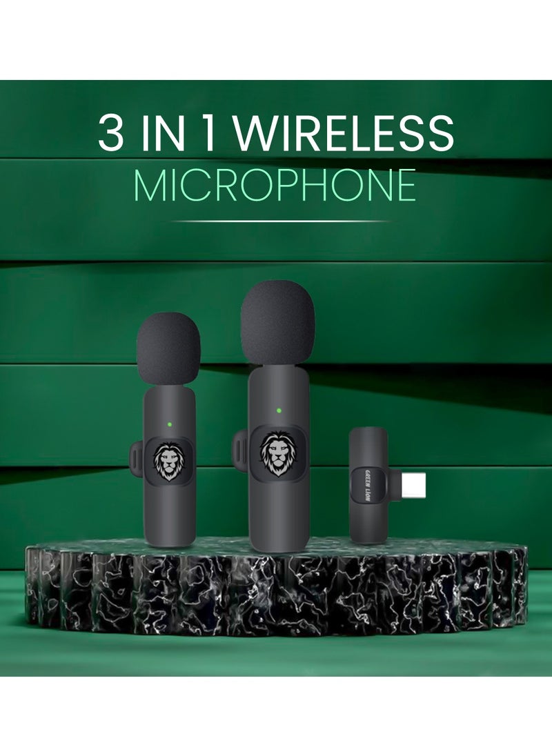 GREEN LION - 3 In 1 Wireless Microphone / 60mAh Battery Capacity / USB-A / Type-C / Lightning Plugs / 20m Accessible Reception / -42DB Sensitivity / Highly Sensitive / Digital Silicon Microphone / 64DBM Adaptive Noise Reduction / Clear Timbre / Plug & Play - Black - Image 1