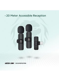 GREEN LION 3 In 1 Wireless Microphone / 60mAh Battery Capacity / USB-A / Type-C / Lightning Plugs / 20m Accessible Reception / -42DB Sensitivity / Highly Sensitive / Digital Silicon Microphone / 64DBM Adaptive Noise Reduction / Clear Timbre / Plug & Play - Black  - Image 5