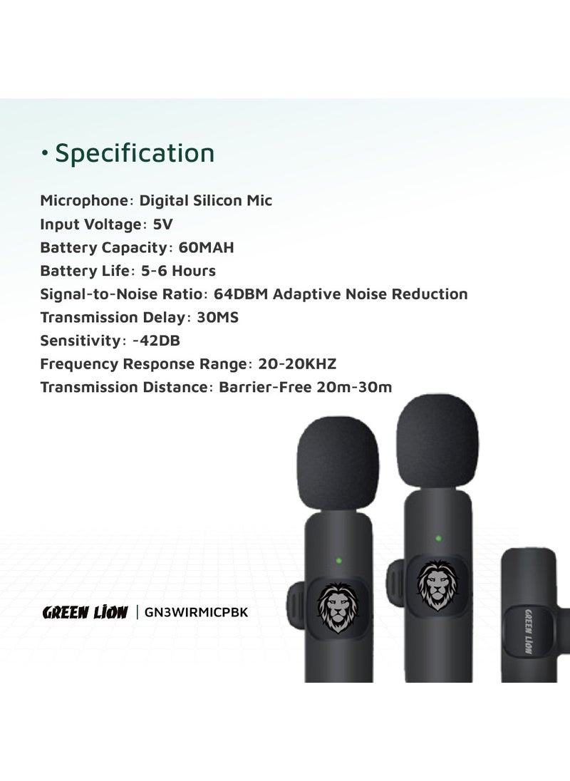 GREEN LION - 3 In 1 Wireless Microphone / 60mAh Battery Capacity / USB-A / Type-C / Lightning Plugs / 20m Accessible Reception / -42DB Sensitivity / Highly Sensitive / Digital Silicon Microphone / 64DBM Adaptive Noise Reduction / Clear Timbre / Plug & Play - Black - Image 1