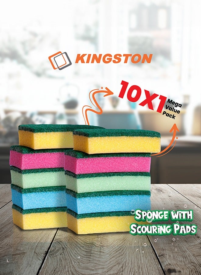 Kingston Multi Colour Cleaning Sponge with Scouring Pad Value Pack 10 Pcs, Eco-Friendly, Comfortable Grip. - Image 3
