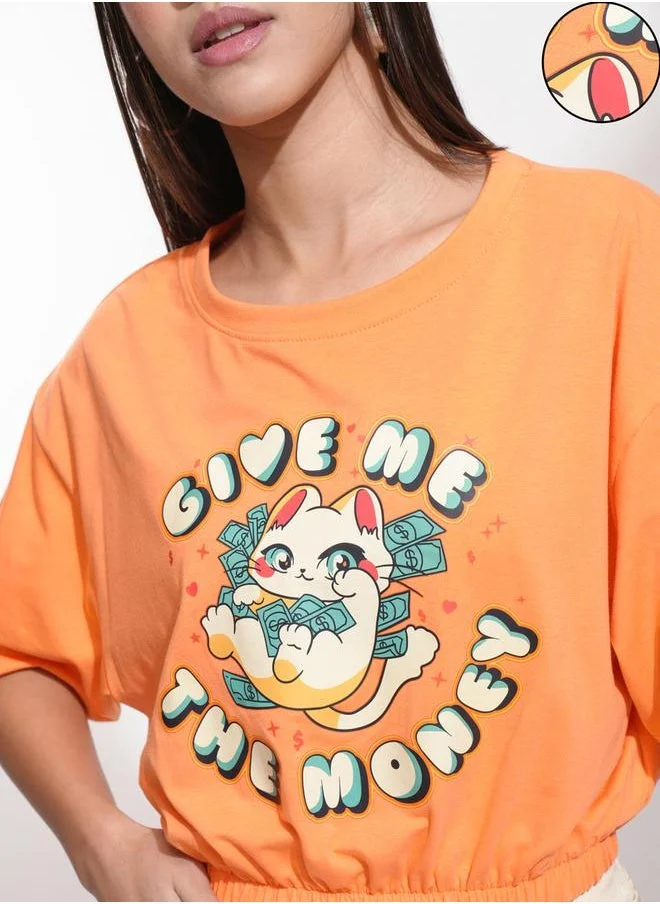 Tokyo Talkies Tokyo Talkies Graphic Printed Boxy Cropped T-Shirt with Elasticated Hem