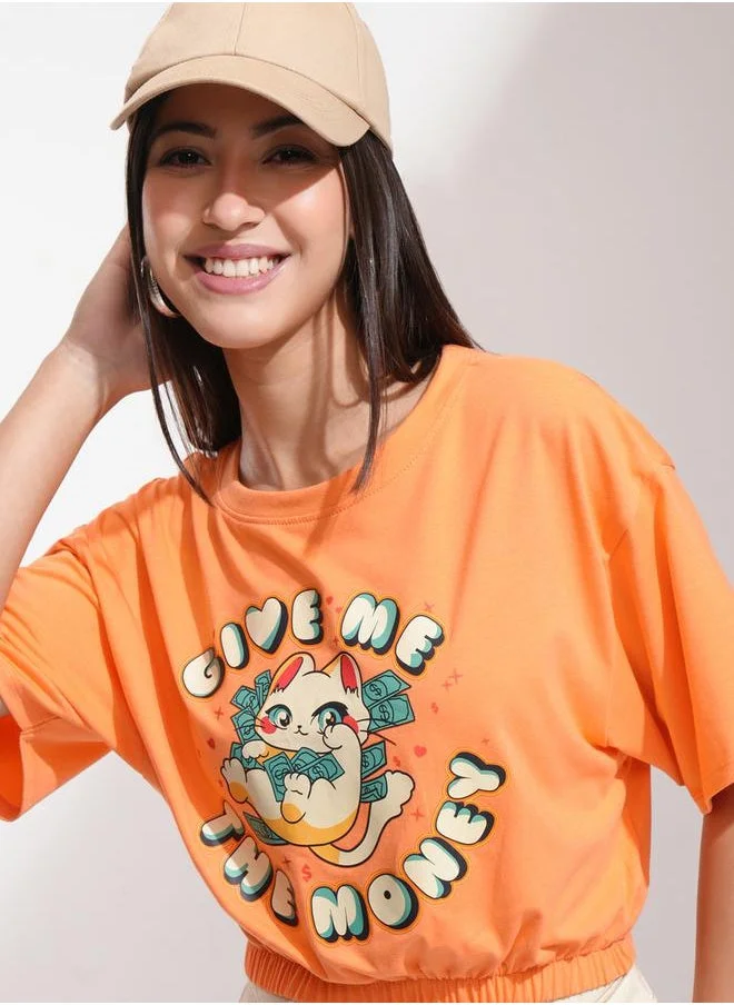 طوكيو توكيز Graphic Printed Boxy Cropped T-Shirt with Elasticated Hem by Styli