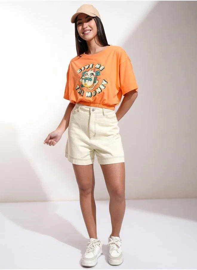 طوكيو توكيز Graphic Printed Boxy Cropped T-Shirt with Elasticated Hem by Styli