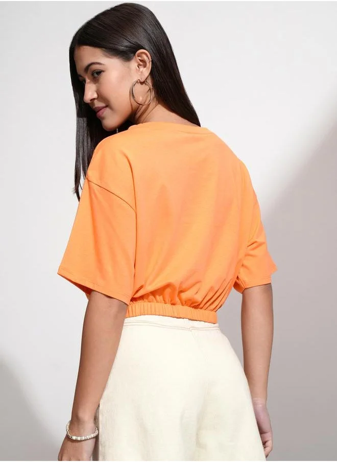 Tokyo Talkies Tokyo Talkies Graphic Printed Boxy Cropped T-Shirt with Elasticated Hem