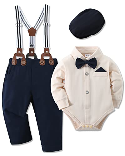 WESIDOM Baby Boy Clothes 0-24M Newborn Infant Gentleman Outfit, Shirt+Bowtie+Beret+Suspender Pant Baby boy Suit Clothing Set - Image 3