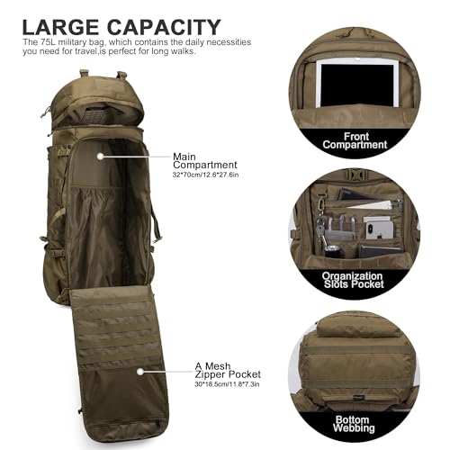 Mardingtop 75L Molle Hiking Internal Frame Backpacks with Rain Cover for Camping,Backpacking,Travelling(Khaki) - Image 4
