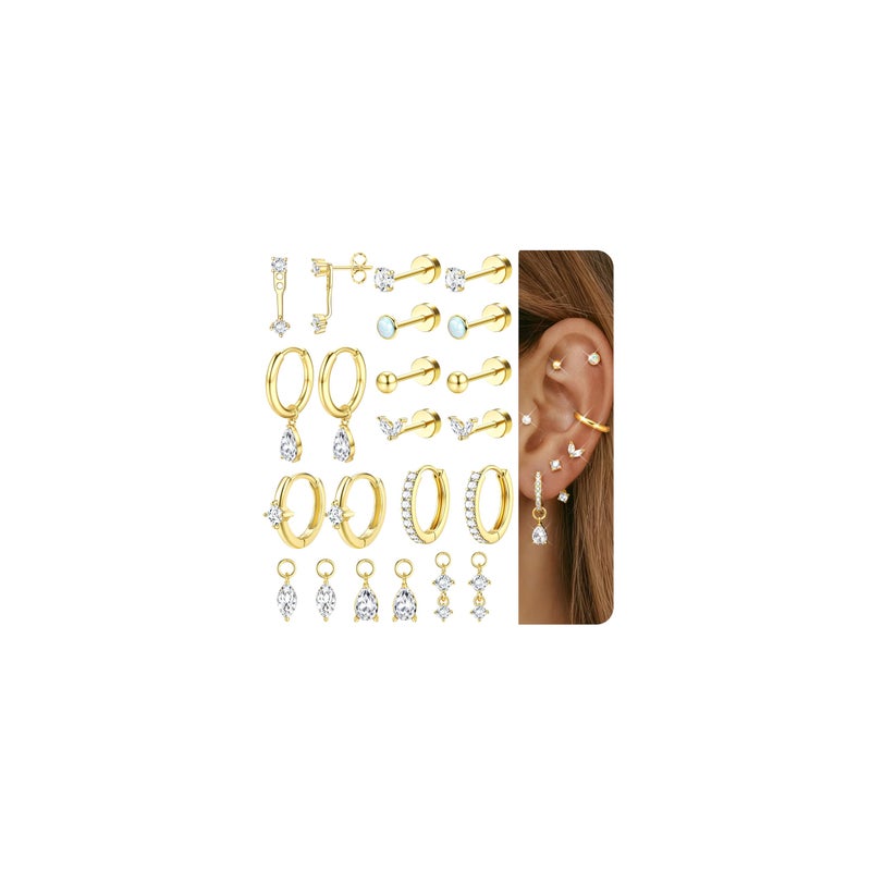 Sanfenly Small Stud Hoop Earrings Set for Women Hypoallergenic Gold Plated Huggie Hoops Earing Stacks Cartilage Helix Jewelry for Sensitive Ears Dainty Lightweight Earrings Gifts White CZ - Image 1
