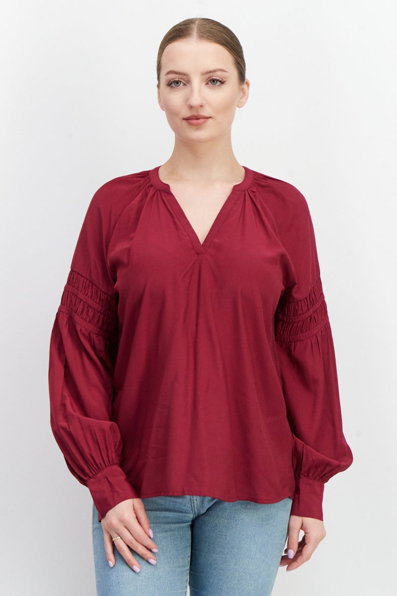 ESPRIT بلوزة نسائية بأكمام طويلة على شكل حرف V، بلون بورجوندي - Image 1