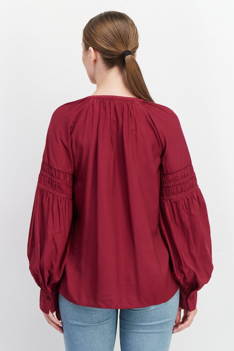 ESPRIT Women V-Neck Long Sleeve Plain Blouse, Burgundy - Image 4