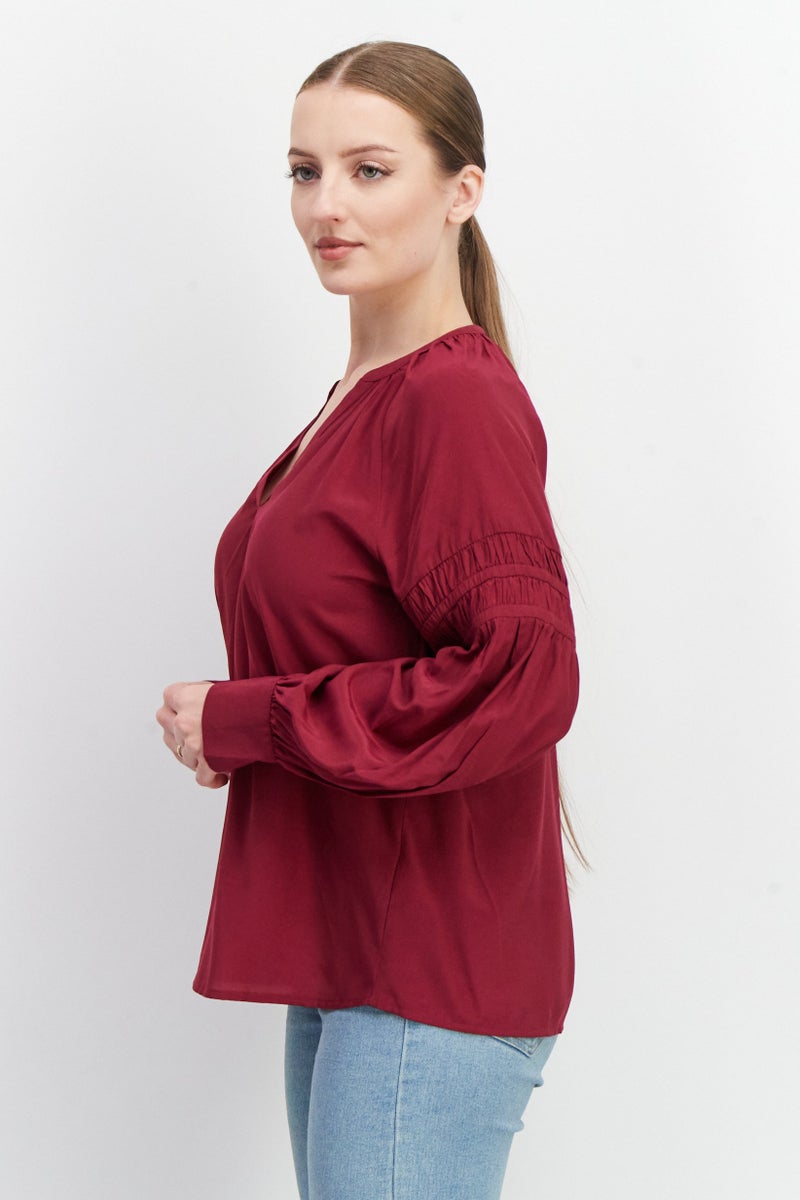 ESPRIT Women V-Neck Long Sleeve Plain Blouse, Burgundy - Image 4