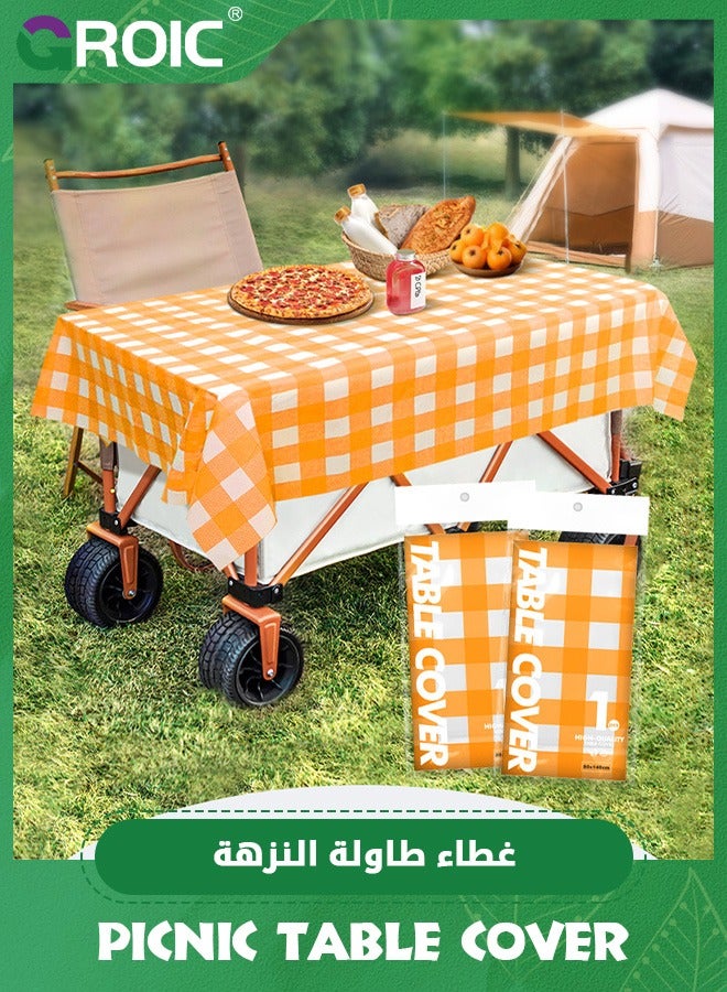 GROIC عبوتان من مفرش طاولة النزهة القابل للاستخدام مرة واحدة، مفرش طاولة منقوش باللونين البرتقالي والأبيض، مفرش طاولة للحفلات القابل للاستخدام مرة واحدة، أغطية طاولة النزهة مقاس 80*140 سم أغطية طاولة يمكن التخلص منها للتخييم والحفلات والنزهات - Image 1