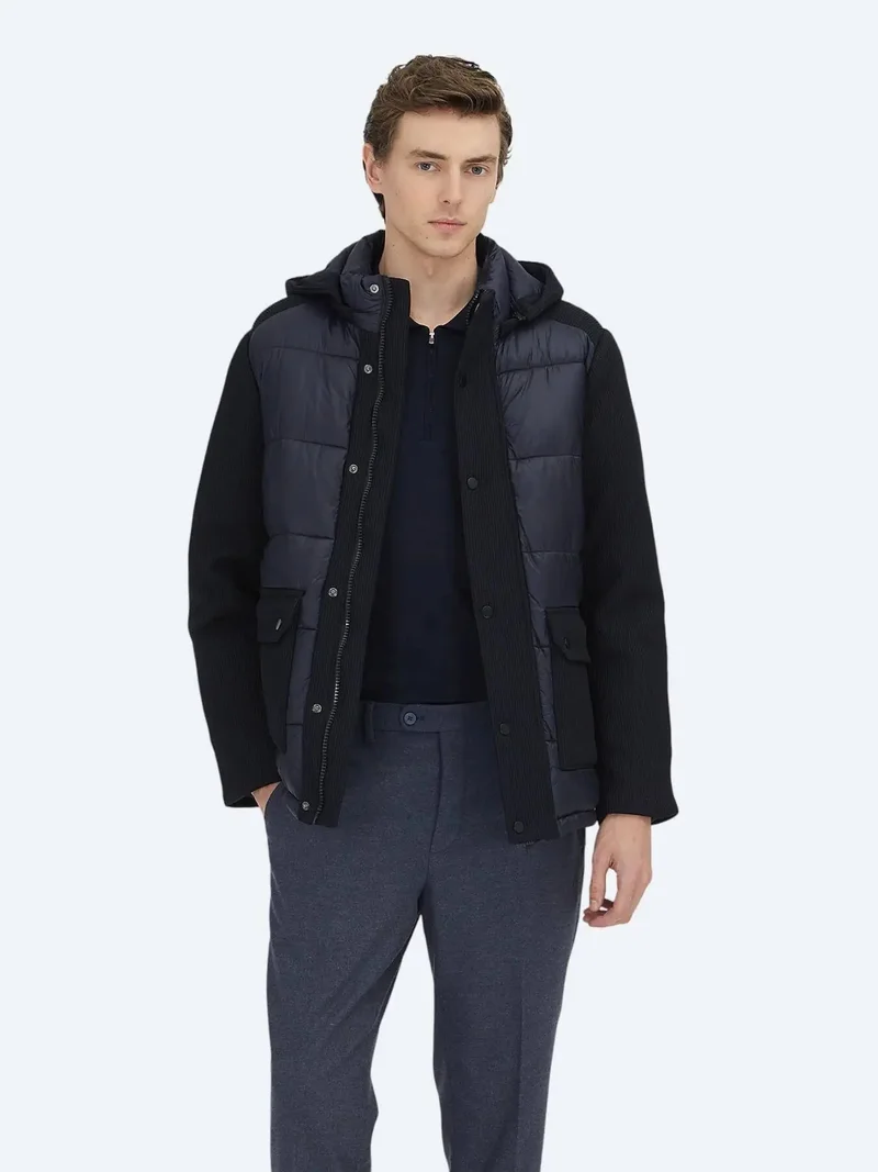 كيب معطف منسوج كاجوال بغطاء رأس، أزرق داكن، بقصة عادية