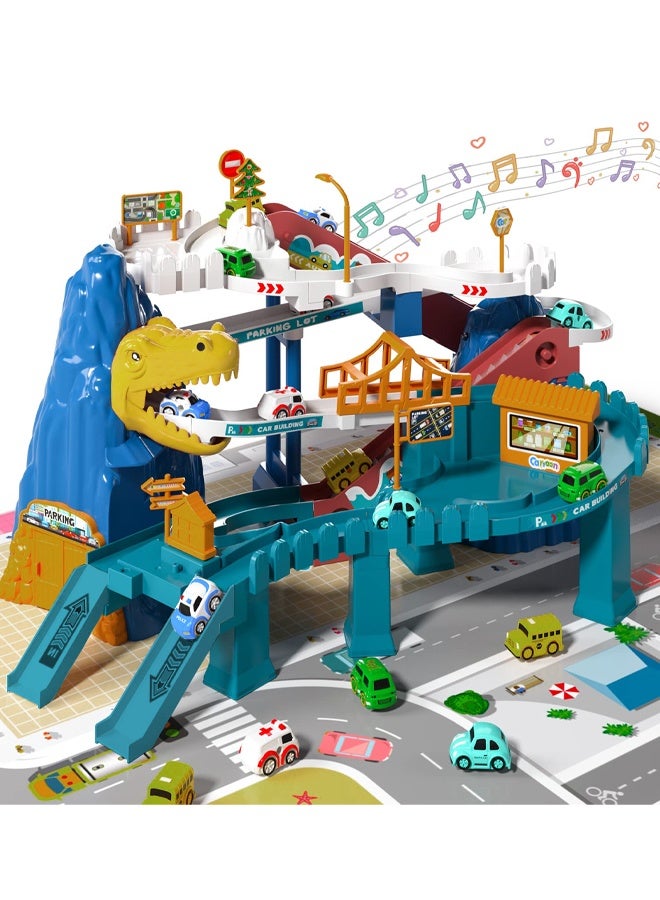Toy Car Ramp Track Dinosaur Climbing Hills Railcar Colorful Vehicles Construction Play Set with 10 Mini Racer Cars Racing Track Game Set, Sliding Car Toy, for Preschool Gifts Kids Ages 3 Years and Older - Image 1