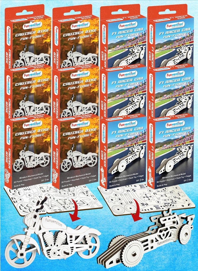Funvention Fun-Fidget DIY Mechanical Models (Return Gift Pack of 12) – F1 Racer Car & Cruiser Bike – 3D Wooden Puzzle, Build & Play Gear Toy, STEM Activity, Birthday Return Gifts for Kids Age 5+ - Image 1