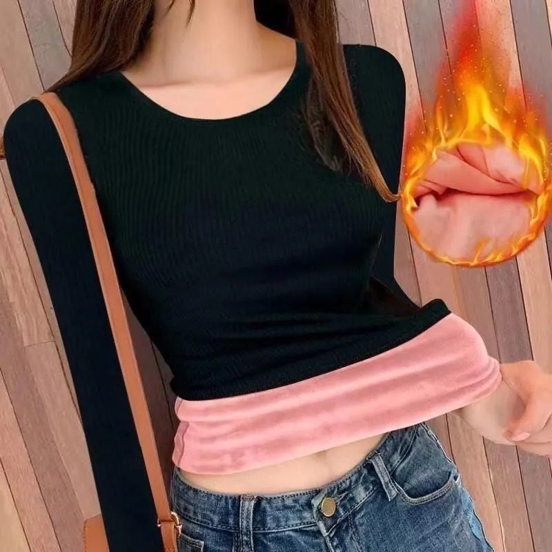 Winter Thermal Underwear Women'S Cold-Proof Fleece-Lined Thickened Round Neck Long Sleeve One-Piece Velvet Bottoming Shirt Women'S Thermal Top Xswq - Image 2