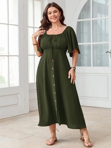 SHESTARR Plus Size Summer Dress Short Sleeve Square Neck Tie Front Smocked Button Down Flowy A-line Boho Maxi Long Dresses Army Green - Image 4