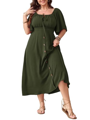 SHESTARR Plus Size Summer Dress Short Sleeve Square Neck Tie Front Smocked Button Down Flowy A-line Boho Maxi Long Dresses Army Green - Image 1