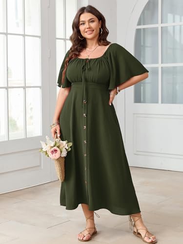 SHESTARR Plus Size Summer Dress Short Sleeve Square Neck Tie Front Smocked Button Down Flowy A-line Boho Maxi Long Dresses Army Green - Image 5