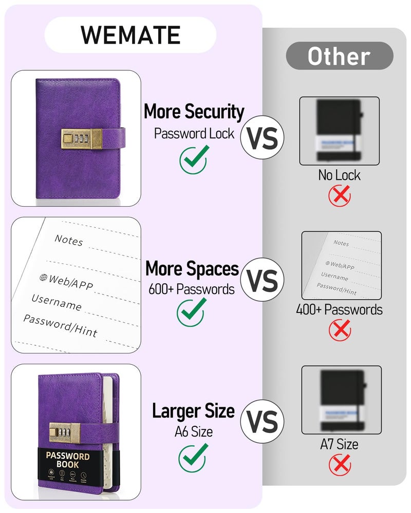 WEMATE Password Book with Lock with Alphabetical Tabs 600+ Password Space,Password Organizer Logbook with Lock, Password Keeper for Computer 4.33 X 6.18 Inch Purple - Image 3