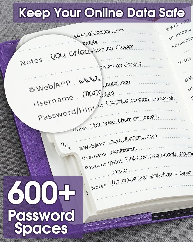 WEMATE Password Book with Lock with Alphabetical Tabs 600+ Password Space,Password Organizer Logbook with Lock, Password Keeper for Computer 4.33 X 6.18 Inch Purple - Image 5