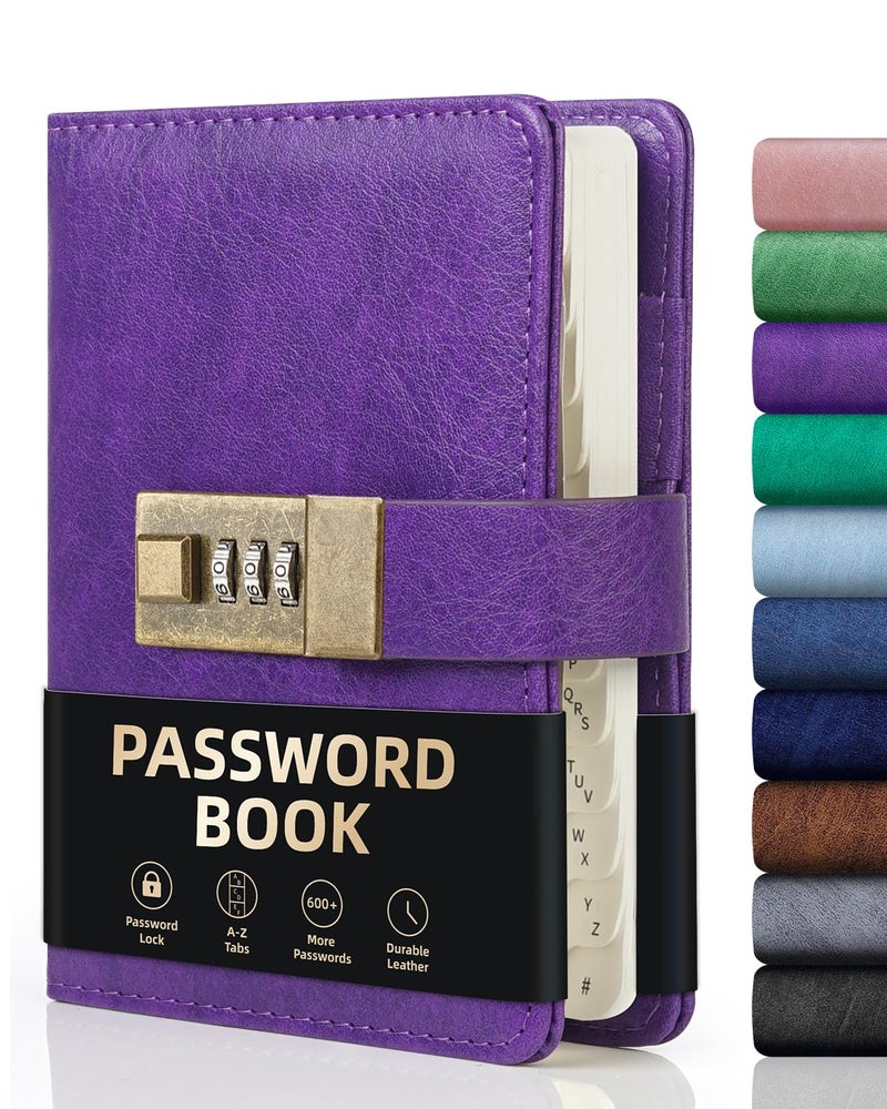 WEMATE Password Book with Lock with Alphabetical Tabs 600+ Password Space,Password Organizer Logbook with Lock, Password Keeper for Computer 4.33 X 6.18 Inch Purple - Image 1