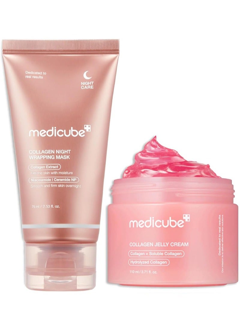 ميديكيوب كولاجين ميديكيوب الكوري للمبتدئين: قناع كولاجين ليلي مقشر للوجه وكريم جيلي الكولاجين - عناية بالمرونة والترطيب، يقلل من الترهل والبهتان - كولاجين متحلل لبشرة متوهجة - يعزز ترطيب حاجز البشرة - Image 1