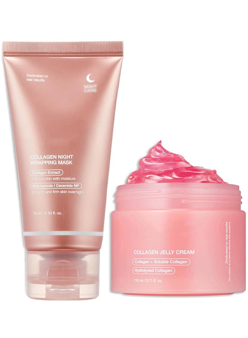 الكولاجين الكوري للمبتدئين: قناع الكولاجين الليلي المقشر للوجه وكريم الكولاجين الهلامي - عناية بالمرونة والترطيب، يقلل الترهل والبهتان - كولاجين متحلل لبشرة متألقة - يعزز ترطيب حاجز البشرة - Image 1