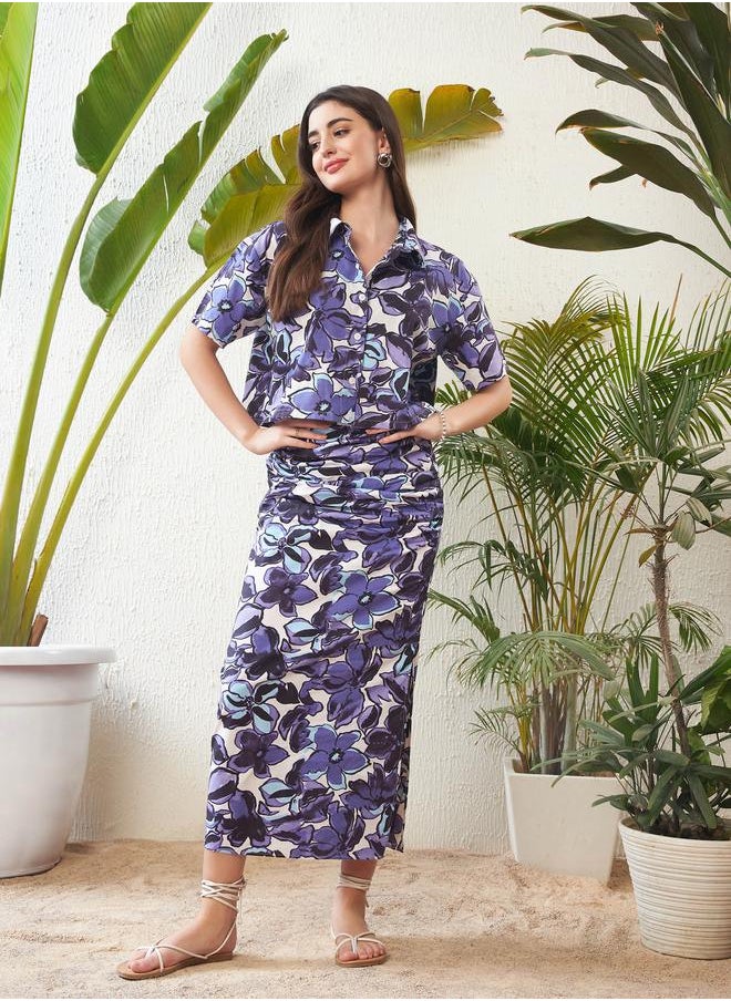 SASSAFRAS - Floral Print Crop Shirt with Short Sleeves & Side Ruched Slit Skirt Co-Ord by Styli - Image 1