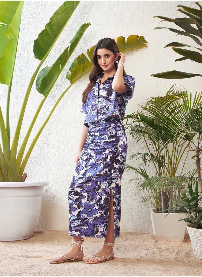 SASSAFRAS - Floral Print Crop Shirt with Short Sleeves & Side Ruched Slit Skirt Co-Ord by Styli - Image 1