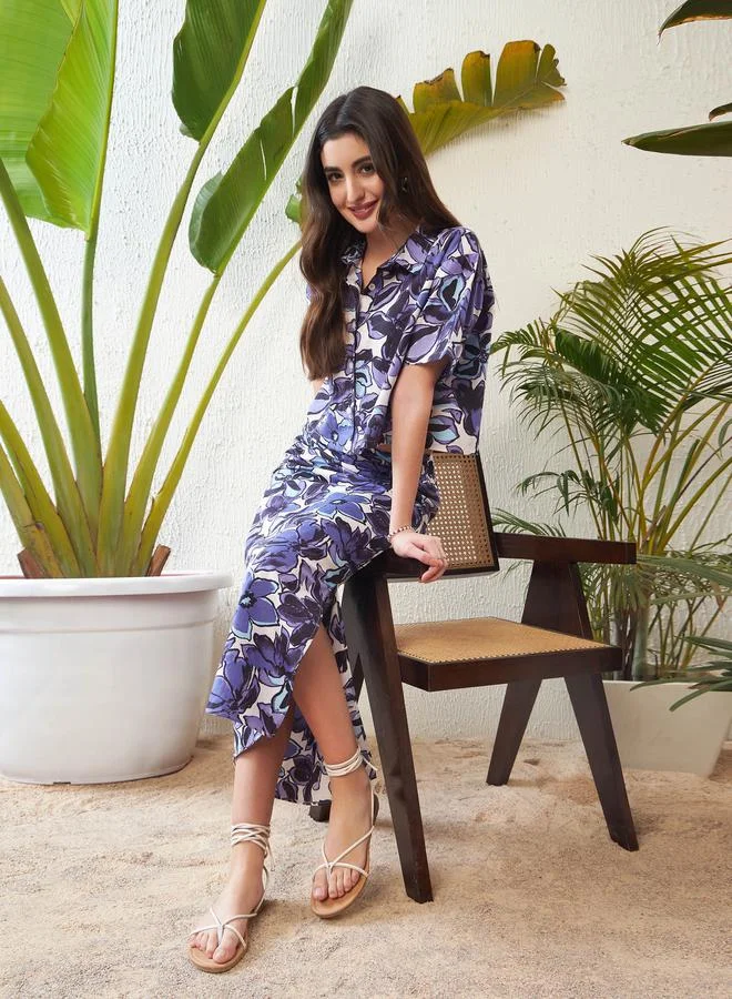 SASSAFRAS Floral Print Crop Shirt with Short Sleeves & Side Ruched Slit Skirt Co-Ord by Styli