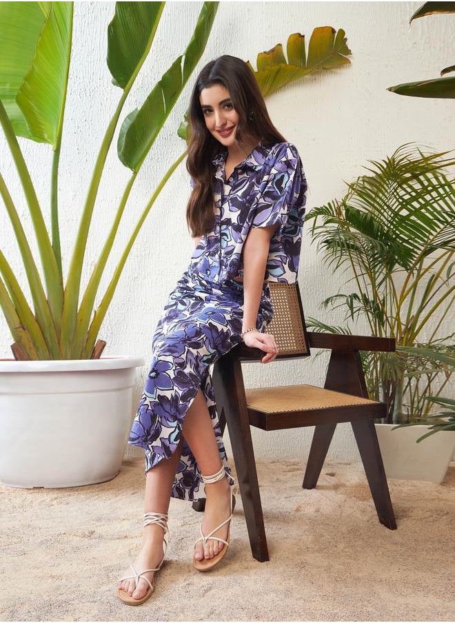 SASSAFRAS - Floral Print Crop Shirt with Short Sleeves & Side Ruched Slit Skirt Co-Ord by Styli - Image 1