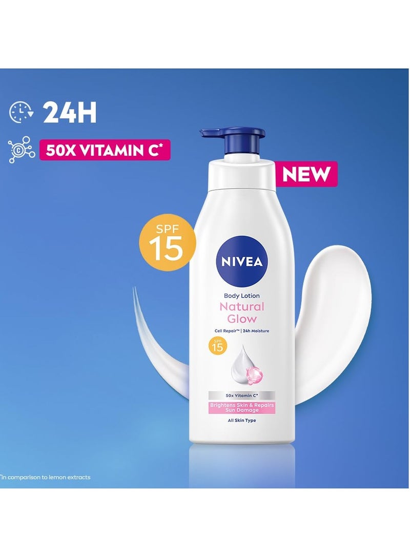 NIVEA Body Lotion Natural Glow, Cell Repair with UVA/UVB filters and SPF 15 | 50X Vitamin C for Even Skin Tone| Light MOISTURISING, non-greasy formula with an instant cooling sensation| Gives Glowing Skin - For Men & Women | 400 ml - Image 3