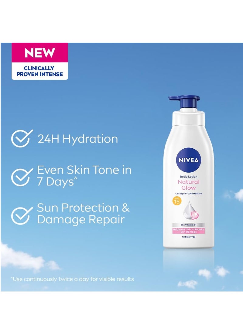 NIVEA Body Lotion Natural Glow, Cell Repair with UVA/UVB filters and SPF 15 | 50X Vitamin C for Even Skin Tone| Light MOISTURISING, non-greasy formula with an instant cooling sensation| Gives Glowing Skin - For Men & Women | 400 ml - Image 4