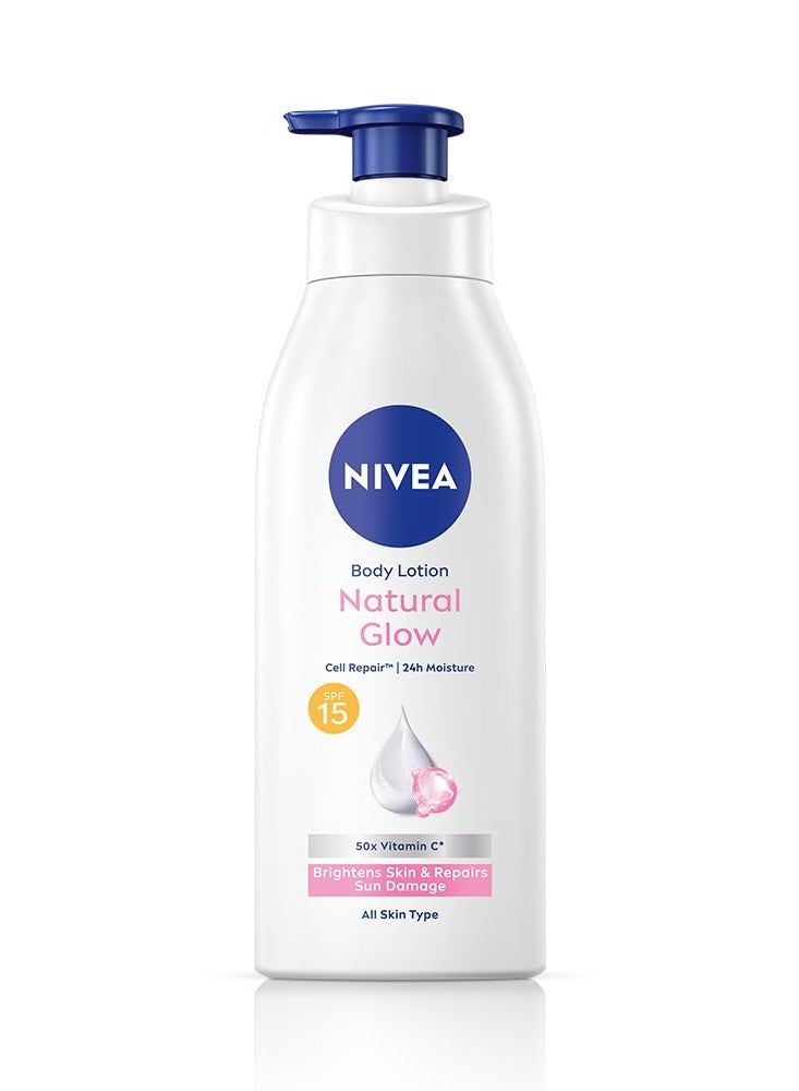 NIVEA Body Lotion Natural Glow, Cell Repair with UVA/UVB filters and SPF 15 | 50X Vitamin C for Even Skin Tone| Light MOISTURISING, non-greasy formula with an instant cooling sensation| Gives Glowing Skin - For Men & Women | 400 ml - Image 2