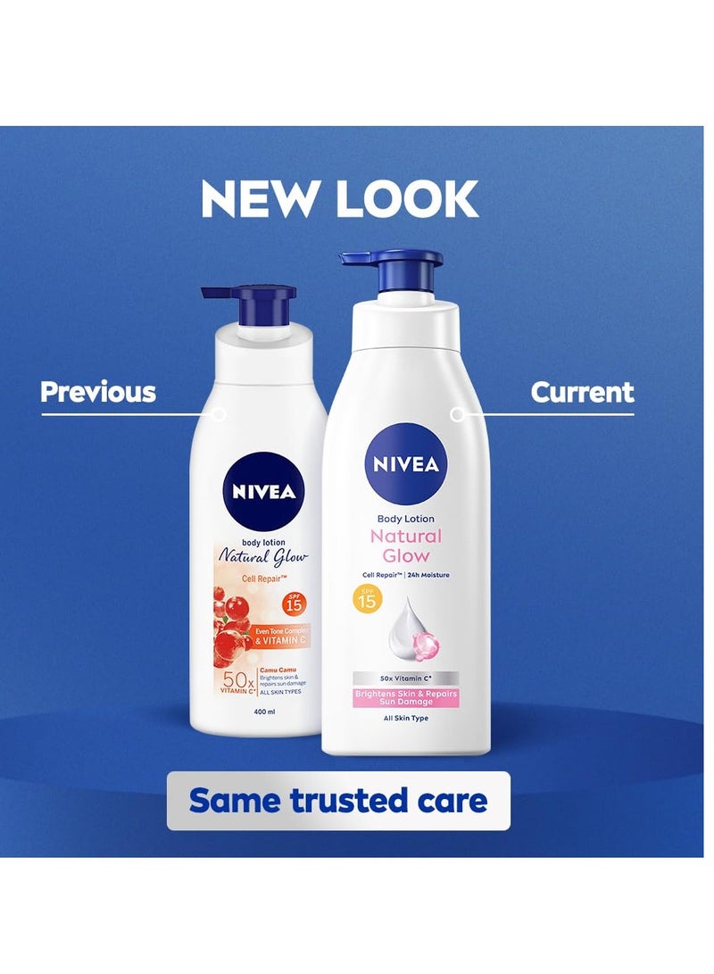 NIVEA Body Lotion Natural Glow, Cell Repair with UVA/UVB filters and SPF 15 | 50X Vitamin C for Even Skin Tone| Light MOISTURISING, non-greasy formula with an instant cooling sensation| Gives Glowing Skin - For Men & Women | 400 ml - Image 1