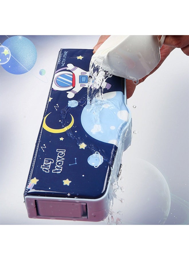 Generic - Multifunction Astronaut Pencil Case Magnetic Operating Cover Automatic Button Pencil Box with 2 Compartments for Students Cartoon Pattern Stationery Set with Pop Out Scissors and Pencil Sharpener Blue - Image 1