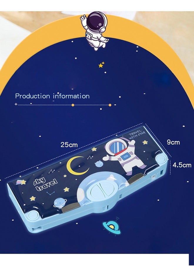 Generic - Multifunction Astronaut Pencil Case Magnetic Operating Cover Automatic Button Pencil Box with 2 Compartments for Students Cartoon Pattern Stationery Set with Pop Out Scissors and Pencil Sharpener Blue - Image 1