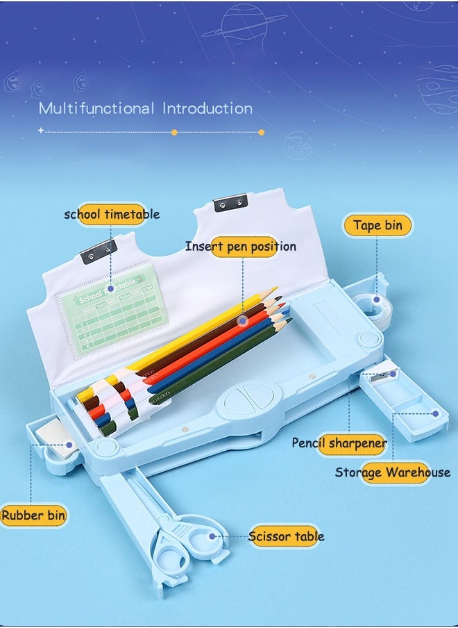 Generic - Multifunction Astronaut Pencil Case Magnetic Operating Cover Automatic Button Pencil Box with 2 Compartments for Students Cartoon Pattern Stationery Set with Pop Out Scissors and Pencil Sharpener Blue - Image 1