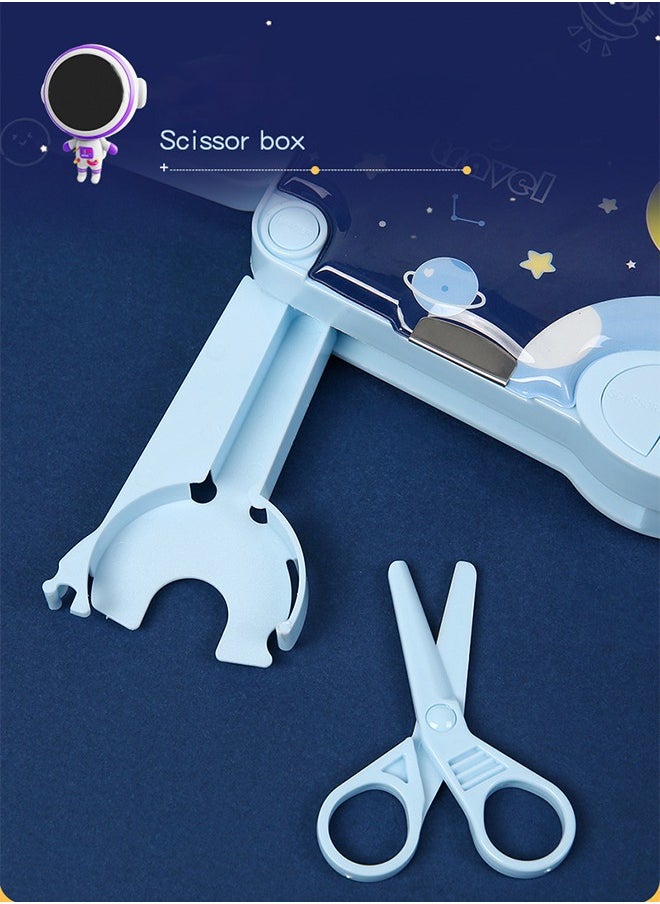 Generic - Multifunction Astronaut Pencil Case Magnetic Operating Cover Automatic Button Pencil Box with 2 Compartments for Students Cartoon Pattern Stationery Set with Pop Out Scissors and Pencil Sharpener Blue - Image 1