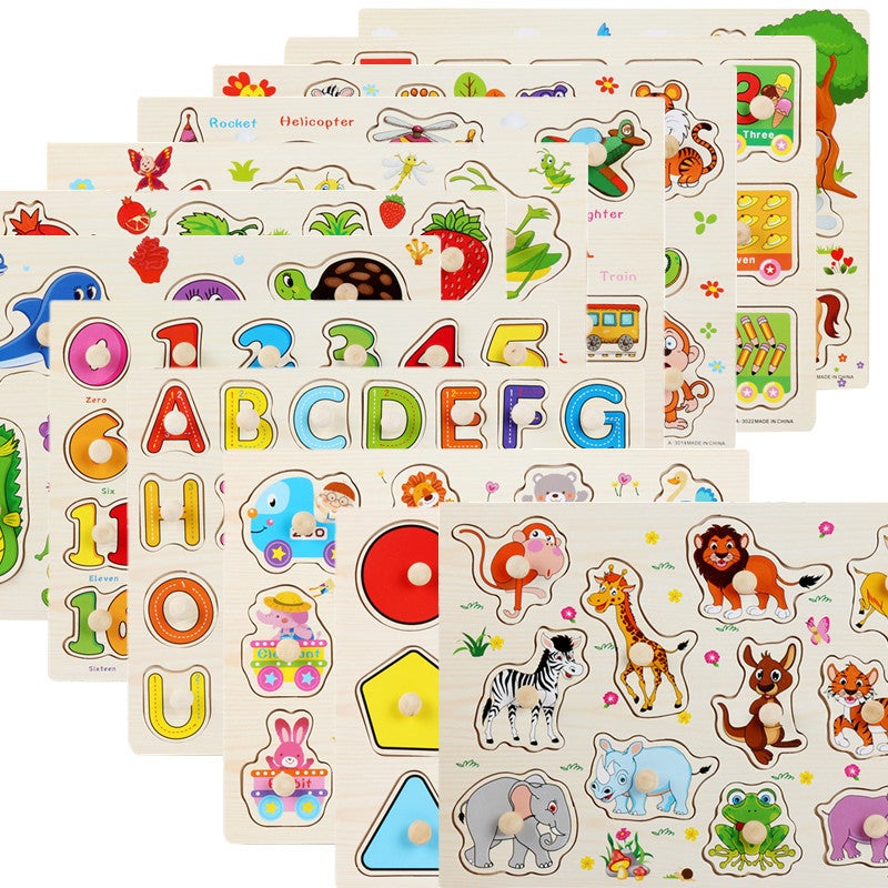 Early Childhood Education Cartoon Animal Cognition Grasping Board Wooden Shape Matching Jigsaw Grasping Training Enlightenment Toys - Image 2