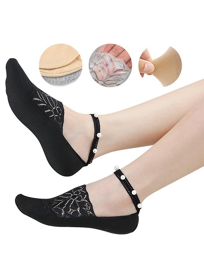 2 pairs Breathable Cotton Invisible Socks For Women Nonslip Deeply Cut Design With Lace Edging And Faux Pearls Detailing Women's Nonslip Deeply Mouth Socks - Image 2