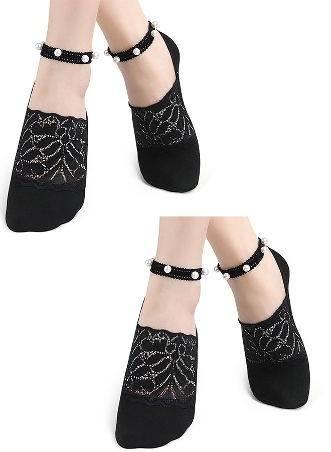 2 pairs Breathable Cotton Invisible Socks For Women Nonslip Deeply Cut Design With Lace Edging And Faux Pearls Detailing Women's Nonslip Deeply Mouth Socks - Image 1