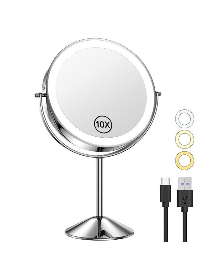 Gospire 8" Lighted Makeup Mirror with Magnification 10X/1X, 3 Color Lights & Dimmable Lighting, 360° Rotation Double Sided Rechargeable Cordless Vanity Cosmetic Standing LED Mirror for Makeup - Image 1
