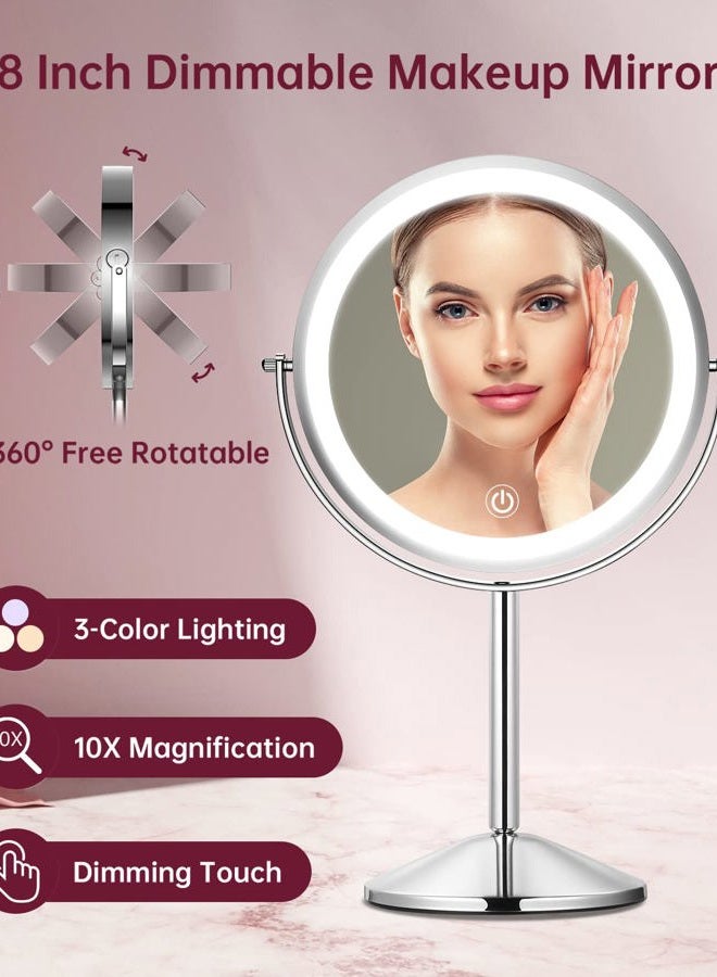 Gospire 8" Lighted Makeup Mirror with Magnification 10X/1X, 3 Color Lights & Dimmable Lighting, 360° Rotation Double Sided Rechargeable Cordless Vanity Cosmetic Standing LED Mirror for Makeup - Image 5