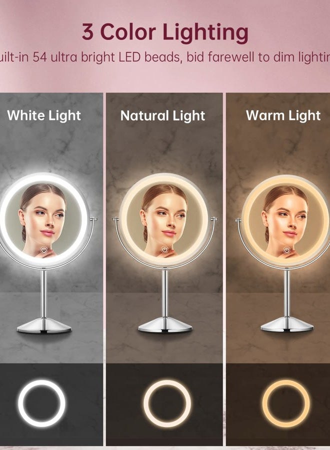 Gospire 8" Lighted Makeup Mirror with Magnification 10X/1X, 3 Color Lights & Dimmable Lighting, 360° Rotation Double Sided Rechargeable Cordless Vanity Cosmetic Standing LED Mirror for Makeup - Image 3
